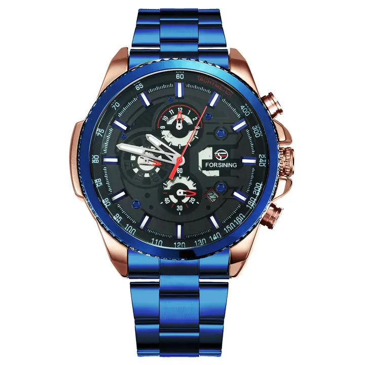 BLUE RG BLACK FORSINING модное платье автоматические механические часы для мужчин синий циферблат хронограф Нержавеющая сталь ремешок для мужчин s часы лучший бренд класса люкс - Цвет: BLUE RG BLACK