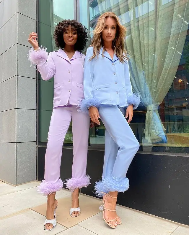 Two Piece Chic Feather Detail Lounge Suits Long Sleeve Button Up Top &ampamp Slim Pants Set Wpmen Casual Wool Pajamas |