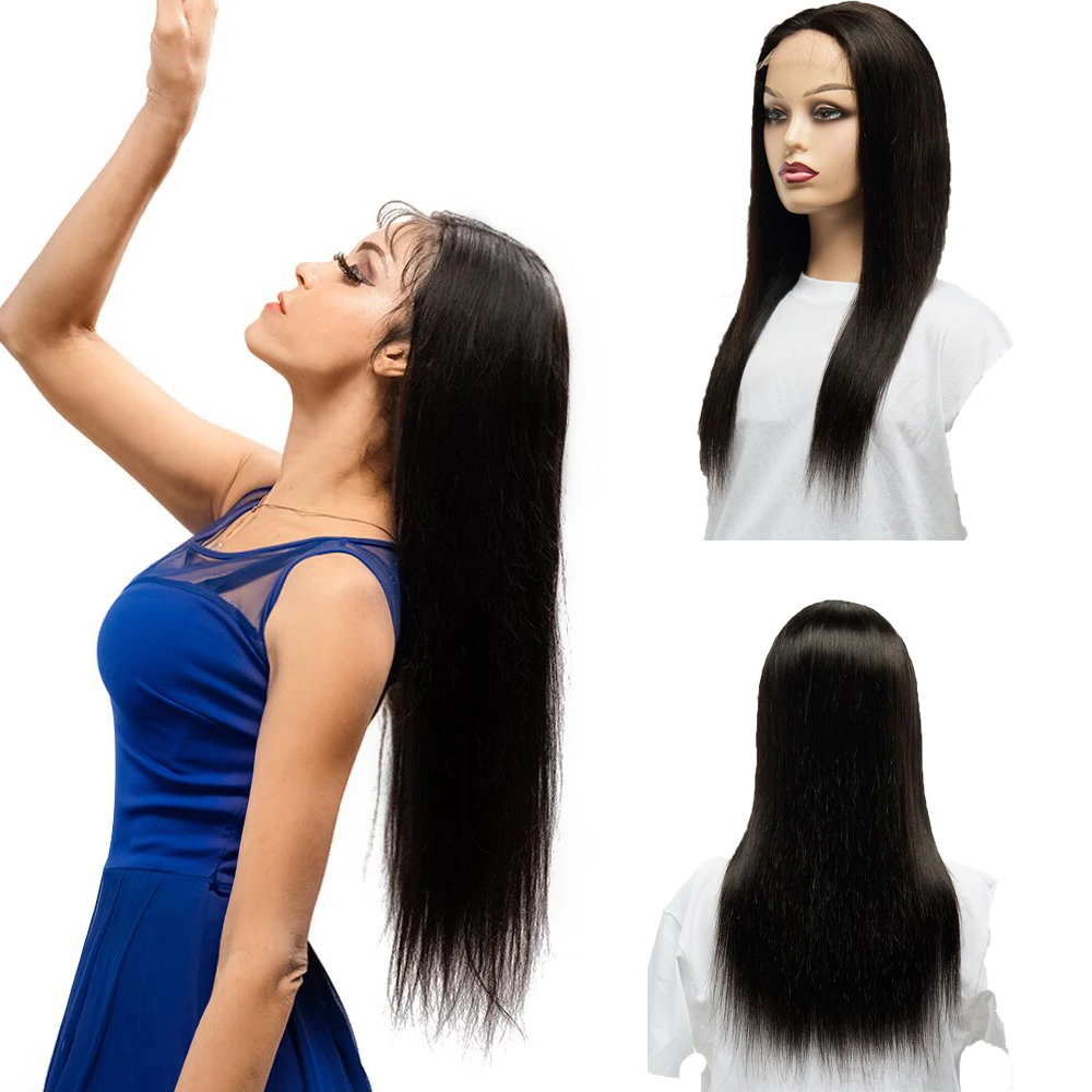 

Лидер продаж предварительно выщипанные 13*4*4 прямые бразильские парики Remy на сетке, 100% человеческие волосы, естественный цвет для черных жен...