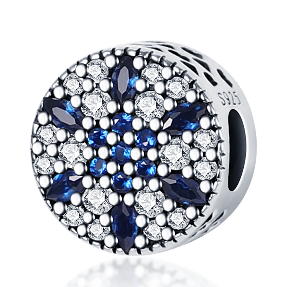 

New 100% 925 Sterling Silver Blue Zircon Snowflake Round Charms Woman Fashion DIY Jewelry Fit Pandora Original Bracelet Bangle