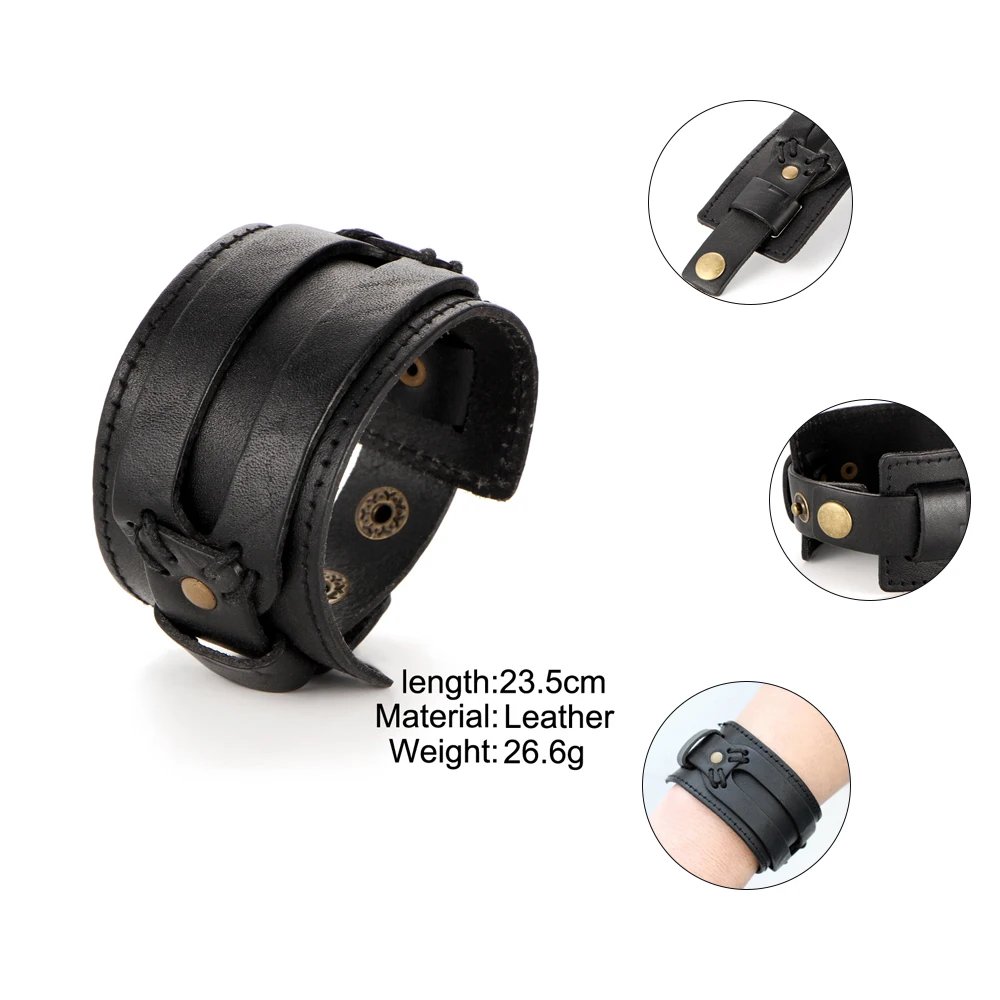 

Fashion Men Leather Bracelet Open Cuff Rope Bangles & Bracelet Double Wide Black Brown Color Vintage Punk Unisex Jewelry