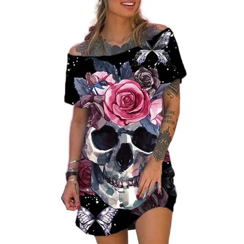 

2021 Summer Sexy Off Shoulder Skulls Print Women Dress Fashion Slash Neck Short Sleeve Cotton Blend Loose Vintage Dress