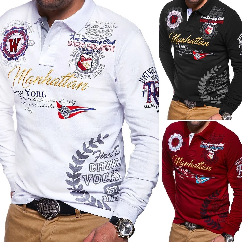 ZOGAA мужская рубашка поло с длинным рукавом повседневная брендовая буквенным