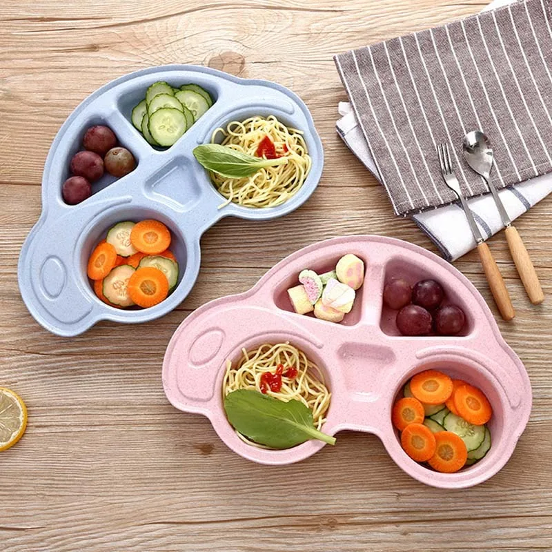 

Baby Bamboo Dishes Infant Cartoon Car Shape Plate Environmentally Separated Baby Feeding Dinnerware Wheat Straw Tableware