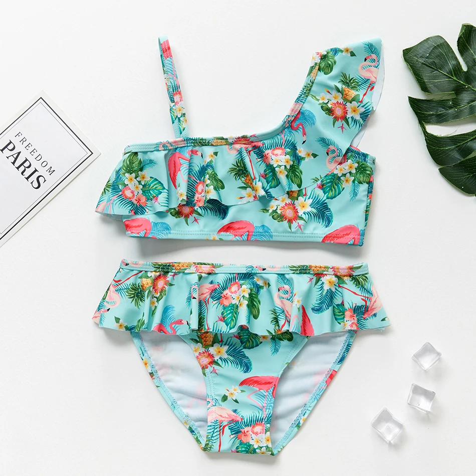 

2020 New Girls Swimsuit Flamingon Oblique Shouldered Children's Swimwear Unicorn Two Piece Ruffle Bathing Suit Swimsuit 9055
