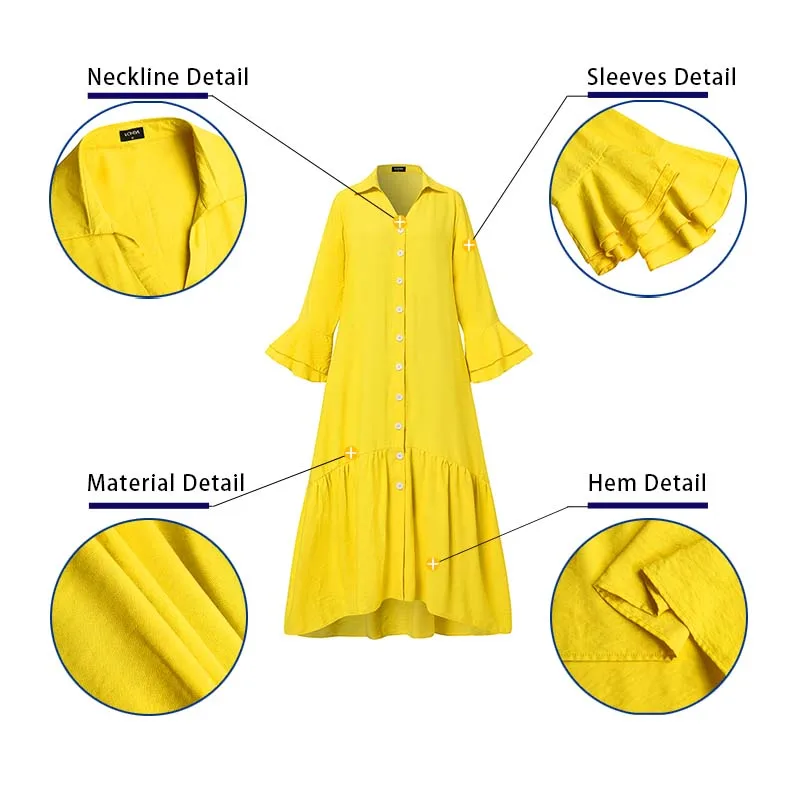 

VONDA Long Sleeve Dress 2021 Women Autumn Solid Color Shirt Dresses Femme Loose Flare Sleeve Maxi Sundress Oversize Vestidos