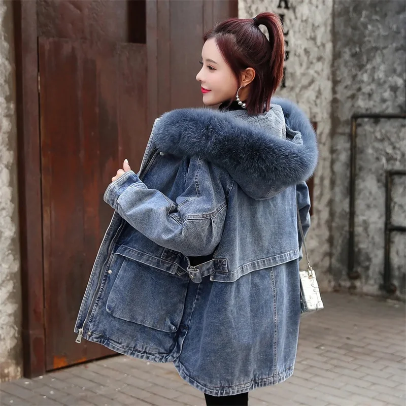 Women Port Style Retro Plus Velvet Thick Denim Coat 2021 Female Winter Lamb Hair Mid-length Loose Denim Jacket Fur Collar A325