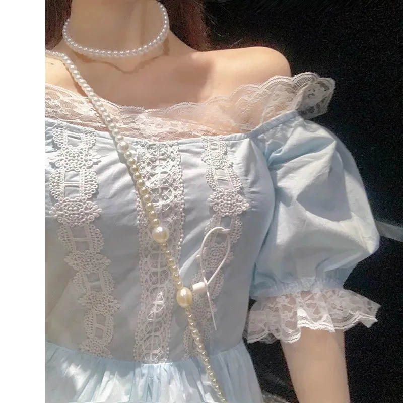 

Summer Gentle Sweet Lolita Style Princess Dress Romantic Fairy Party Dresses Women Elegant Solid Lace Ruffles Slim Dress Female