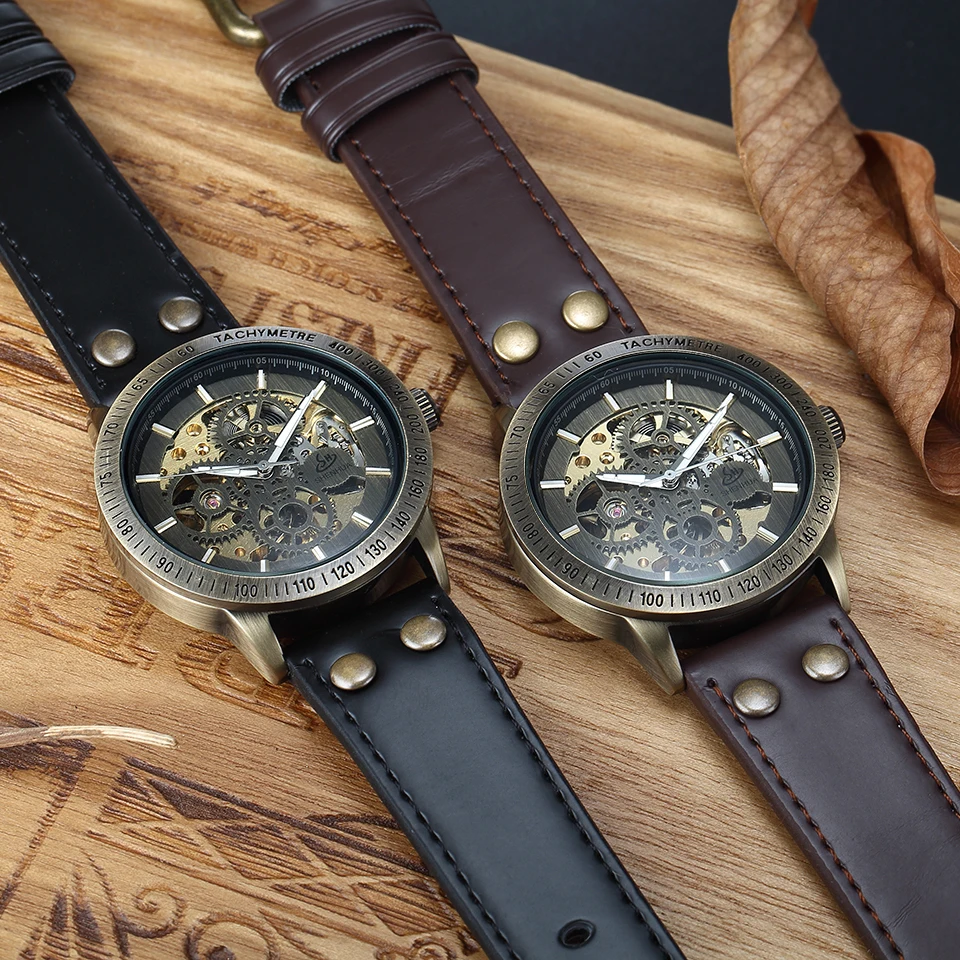 Vintage Skeleton Watches Automatic Watch Men Bronze Retro Leather Strap Steampunk Mechanical  Wristwatches Clocks for Man enlarge