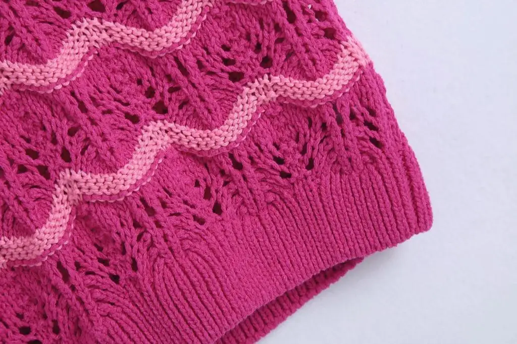 

BM Y2K Women 2021 Fashion Patchwork Wavy Knit Cropped Vest Sweater Vintage V Neck Sleeveless Female Waistcoat rose Red Chic Tops