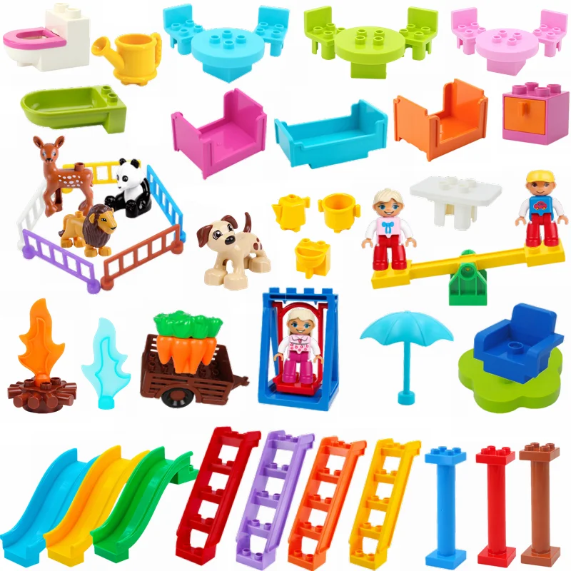 Duplo блоки фигурки животных забор горка качели столы стулья костры совместимые с