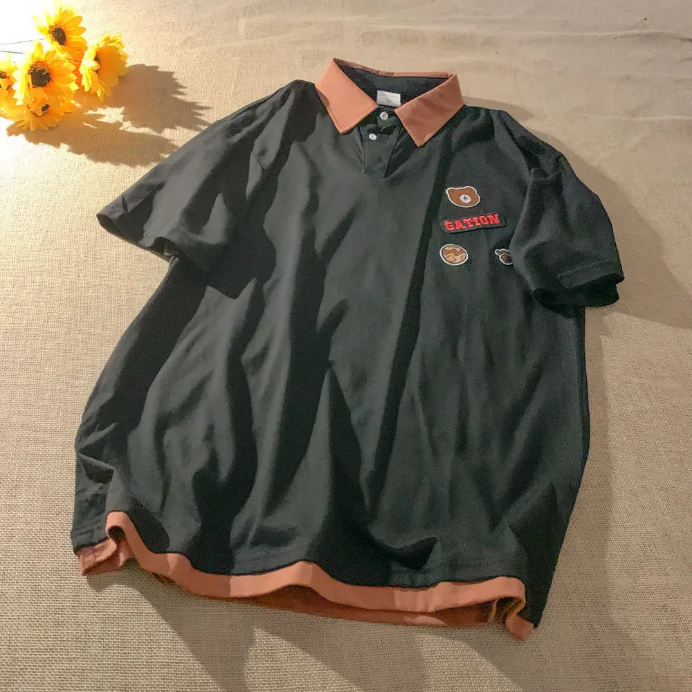 Футболки в японском стиле с изображением медведя вышитые рубашки поло хлопковые