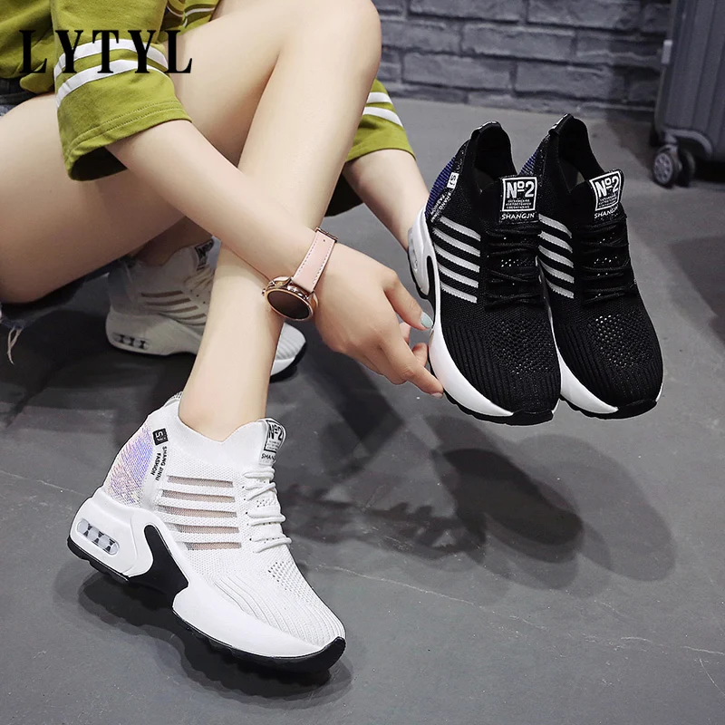 

New 2021 Women Sneakers Mesh Casual Platform Trainers White Shoes 8.5CM Heels Autumn Wedges Breathable Woman Summer B20-351