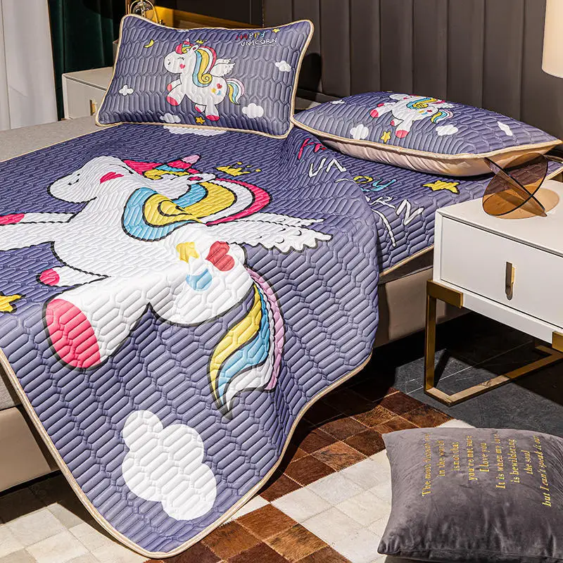 

Cartoon Printing Latex Sleeping Mat with Pillowcase Non-slip Quilting Summer Cool Bed Mat Queen Size Bed Protection Pad