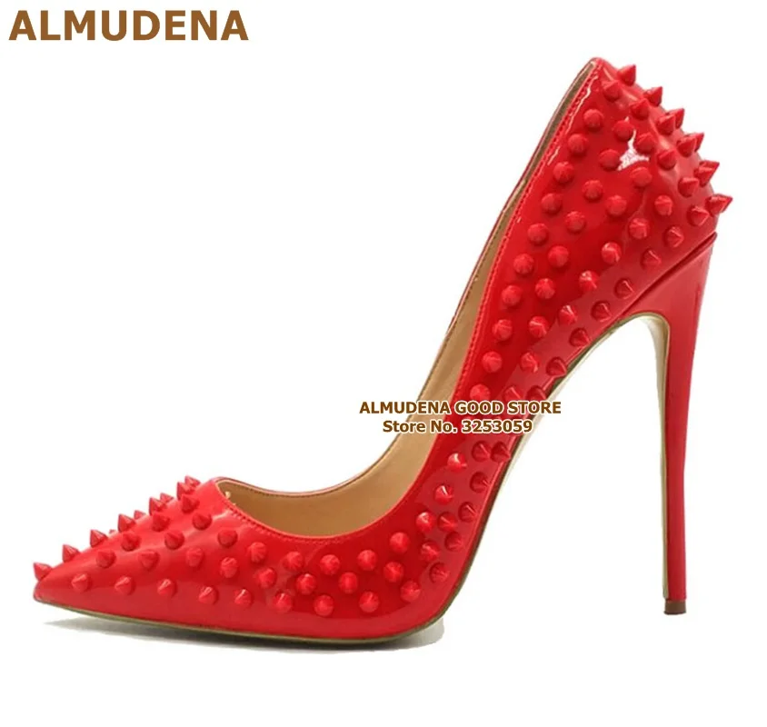 

ALMUDENA 8 10 12cm Stiletto Heels Rivets Pointed Toe Shoes Red Pink Black Studded Wedding Shoes Full Spikes Dress Pumps Size45