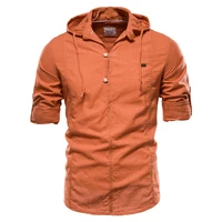 summer mens shirt slim fitting hooded shirt long sleeve shirt mens solid color cotton linen shirt mens european size