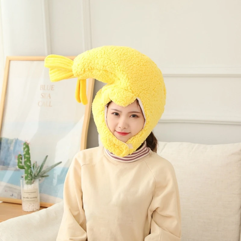 

Cute Fried Shrimp Prawn Plush Hat Pillow Funny Animal 3D Stuffed Sleeping Toy Headgear Warm Cap Cosplay Photo Props