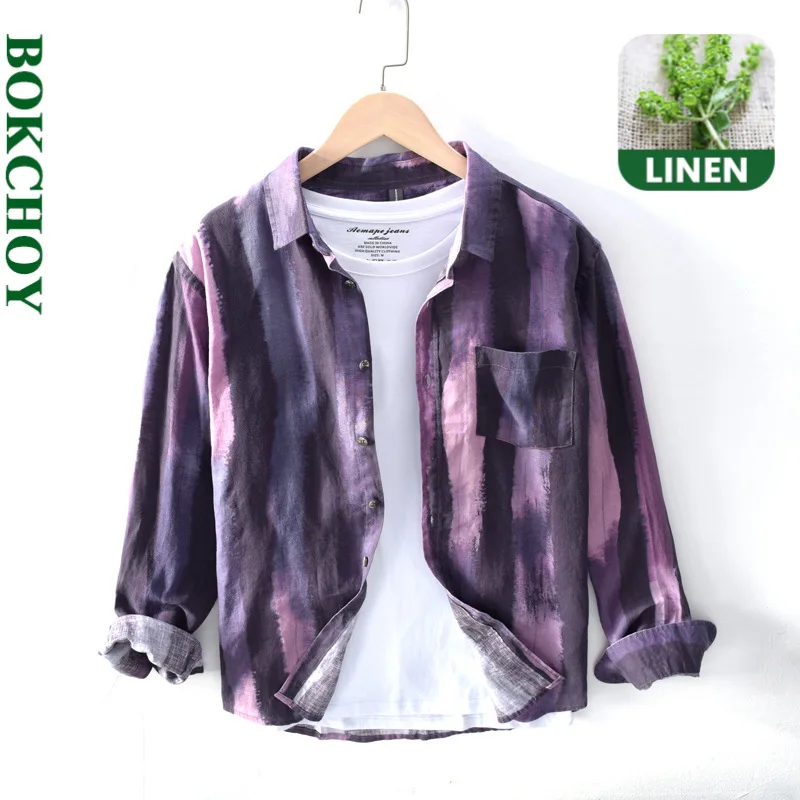 Рубашка мужская из хлопка и льна повседневная Молодежная свободная льняная