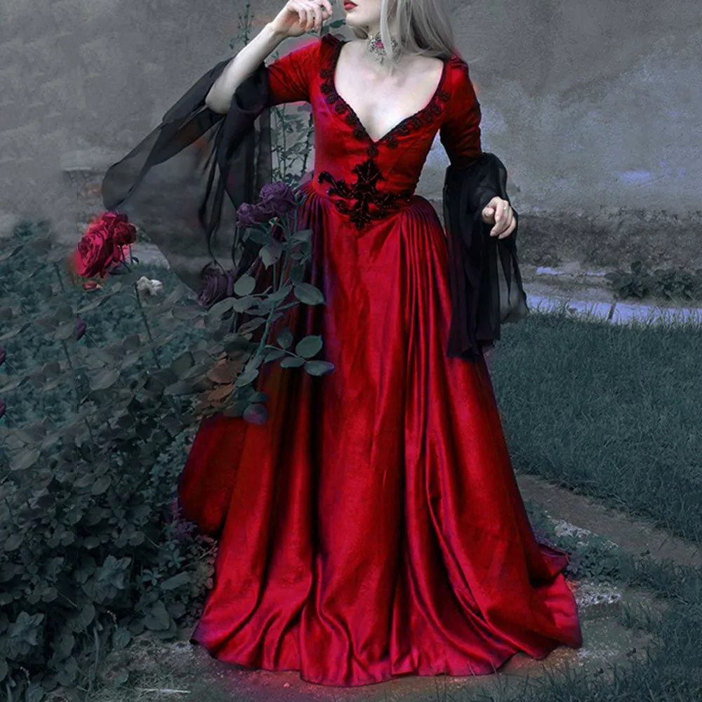 

Goth Dress Vintage Elegant Long Women Autumn Winter Dark Black Red Mesh Retro Evening Party Dinner Dress Vestidos