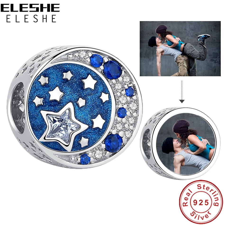 ELESHE NEW Fashion Moon Stars Round Bead 925 Sterling Silver Customize Photo European Charm Fit Original Bracelet Jewelry Making