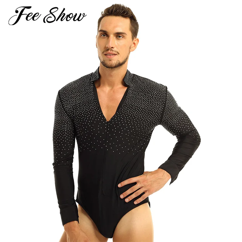 Мужской Цельный боди для латинских танцев Танго трико с рубашкой блестящие