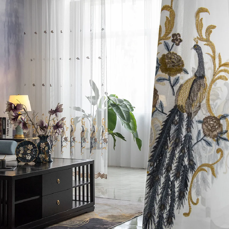 

Chinese Style Curtains for Living Dining Room Bedroom Classical Peacock Embroidered Tulle Curtains Embroidered Window Curtains
