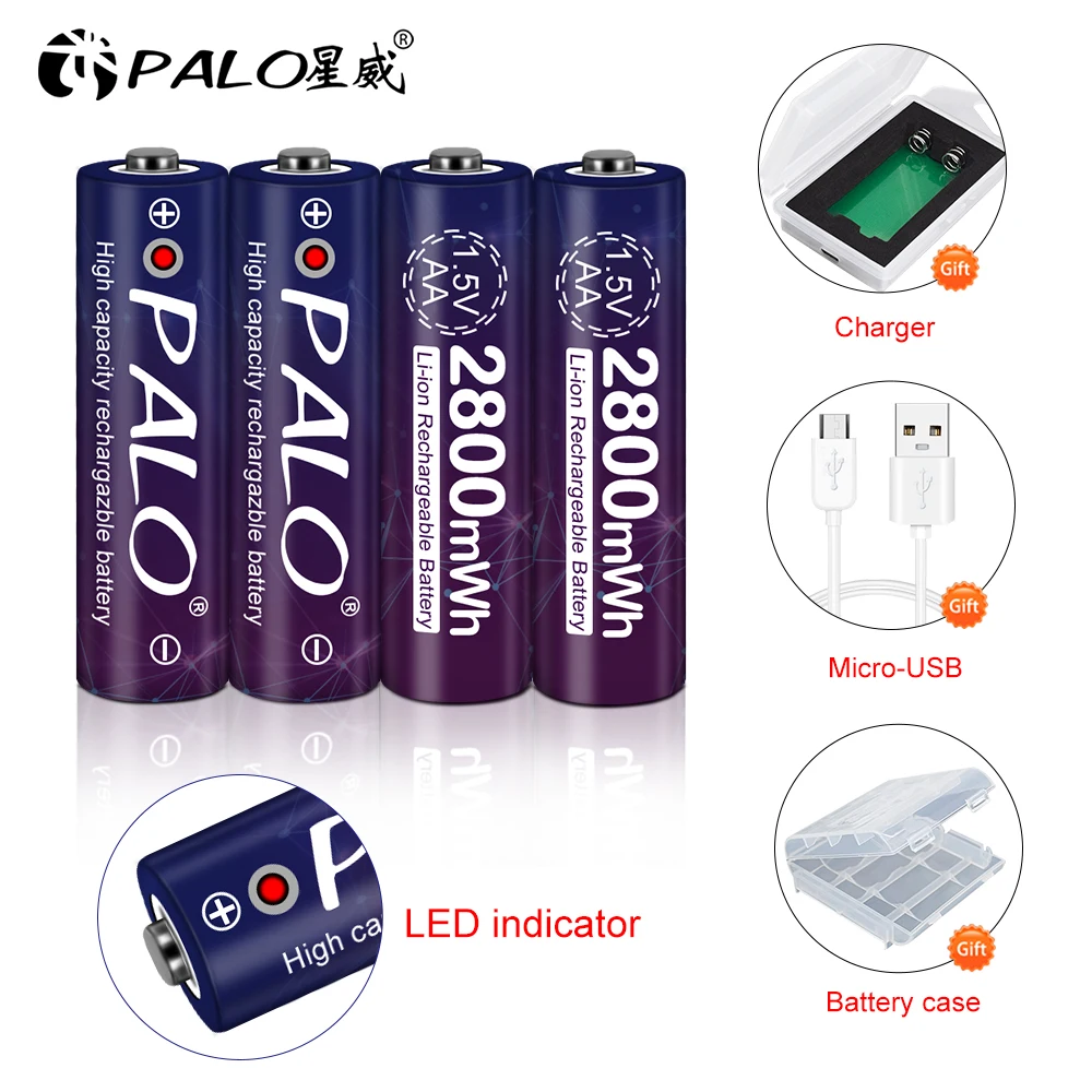 PALO Stable Volatge 1 5 v AA Аккумуляторная батарея 2800mWh литий ионная литиевая