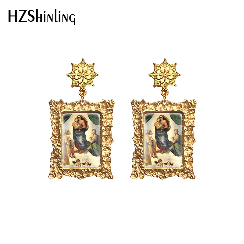 Серьги подвески с изображением самой леди сикстина картины в ретро стиле