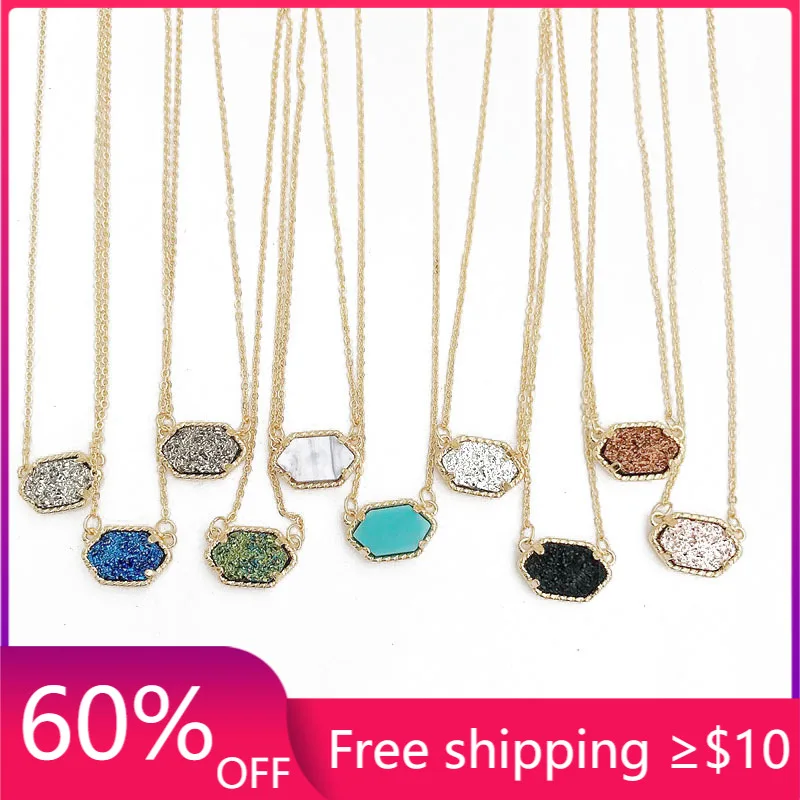 10 цветов Drusy Druzy Овальные ожерелья с шестигранной подвеской Золотая цветная