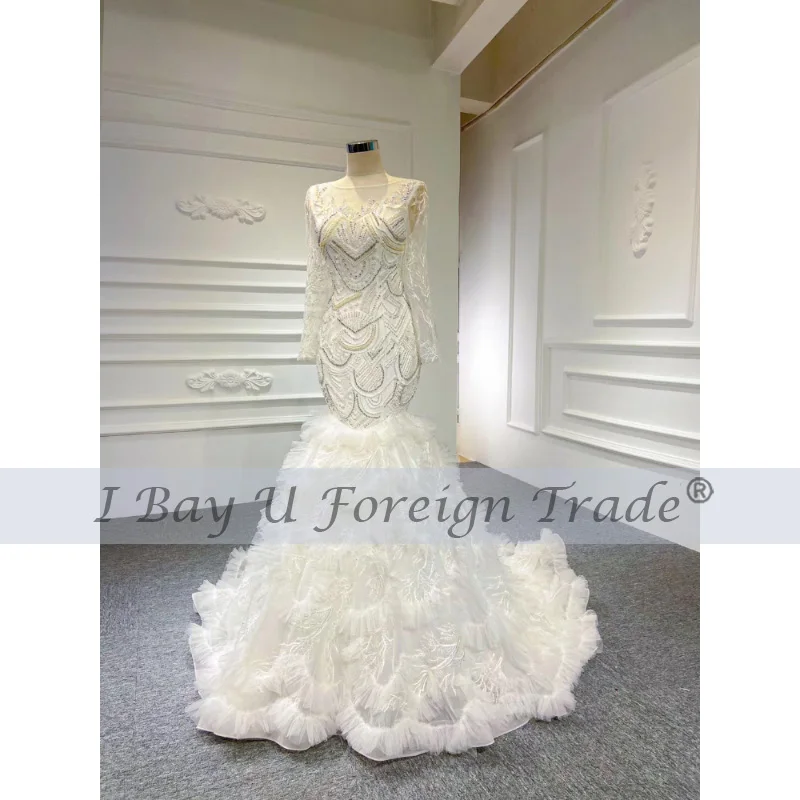 Sparkle Wedding Dress Mermaid Plus Siz 2020 Vestidos De Novia Sexy Puffy Skirt Wedding Gowns Beading Long Sleeve Bridal Dress