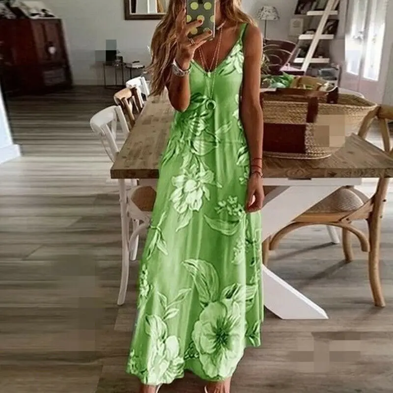 

New Women Halter V Neck Boho Dress Floral Printed Spaghetti Strap Evening Party Long Beachwear Sundress