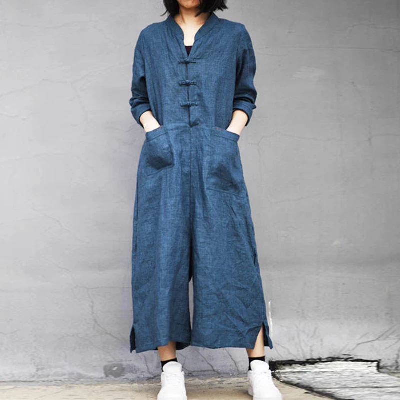 Женский винтажный комбинезон Johnature хлопково льняная одежда с карманами и поясом