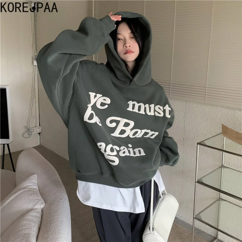 

Korejpaa 3D Letter Printing Hoodies Women Autumn Winter Casual Long Sleeve Hooded Sweatshirts Ladies Korea Ins Fashion Outwear
