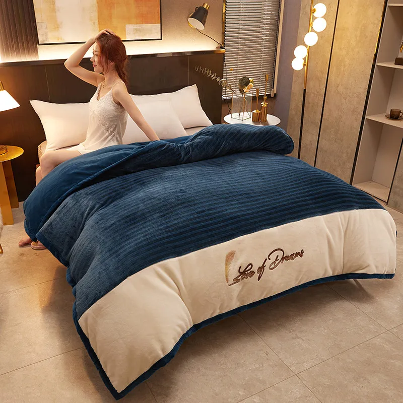 

2022 New Winter Milk Fleece + Knitted Weave Duvet Cover Set Thicken Bedding Linen Home Textile Crystal AB Side Bedclothes Blue