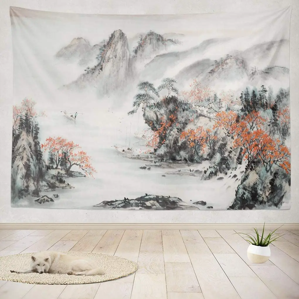 

Mountain Tapestry Wall Hanging Decorative Pink Cherry Chinese Landscape Japanese Blossom for Bedroom Living Room