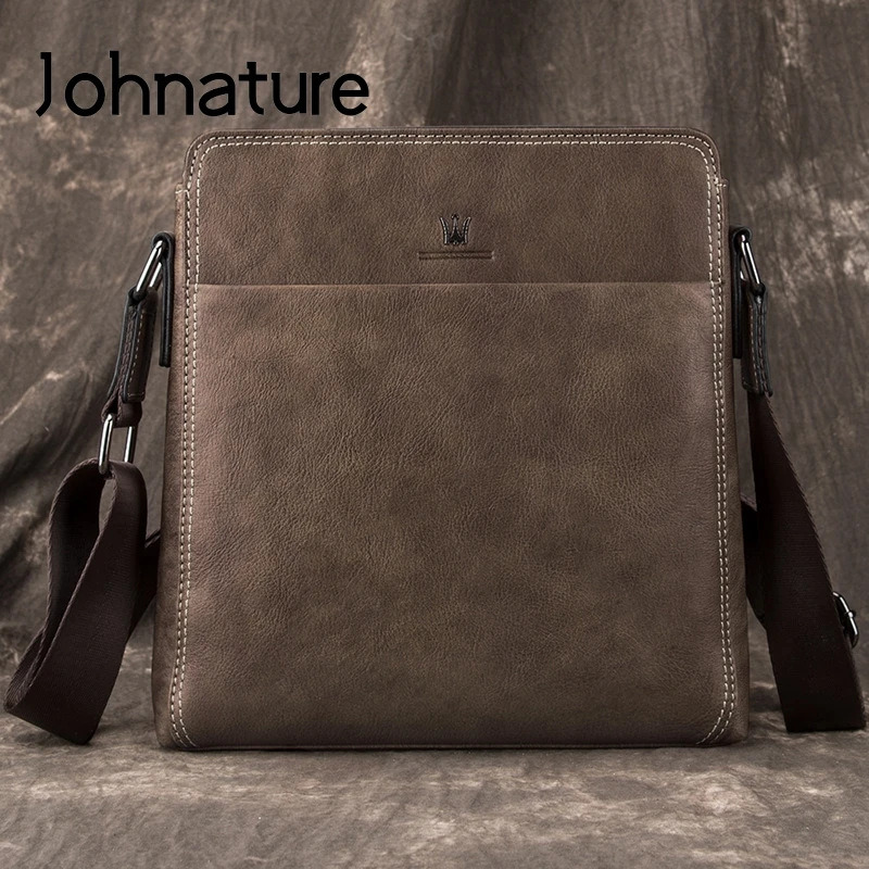 Johnature Genuine Leather Men Bag 2022 New Retro Shoulder & Crossbody Bags Casual Soft Cowhide Large Capacity Messenger Bag