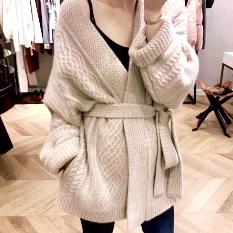 Женский кардиган с галстуком на поясе широкий рукав Открытый спереди уютный