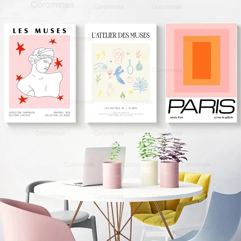 

Color Block Paris Poster Abstract Wall Art Prints Les Muses Greek Statue Canvas Painting Goddess Mid Century Modern Home Decor