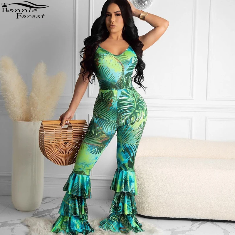 Bonnie Forest тропический зеленый лист с оборками и принтом в виде комбинезоны Для