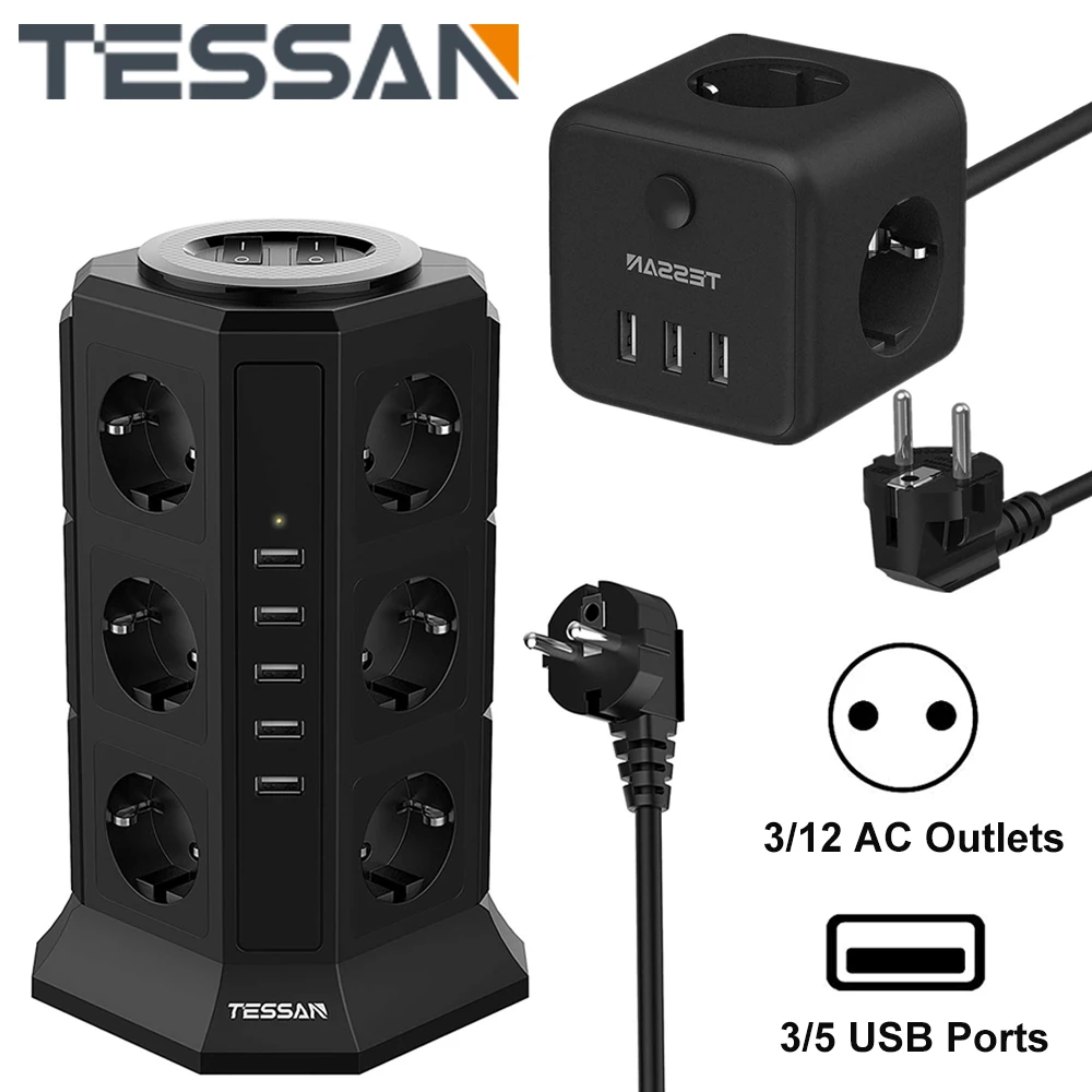 

TESSAN Multi-Socket Tower Power Strip with 12 Outlets 5 USB Ports EU Plug Extension Socket Surge Protector for Laptop/Smartphone