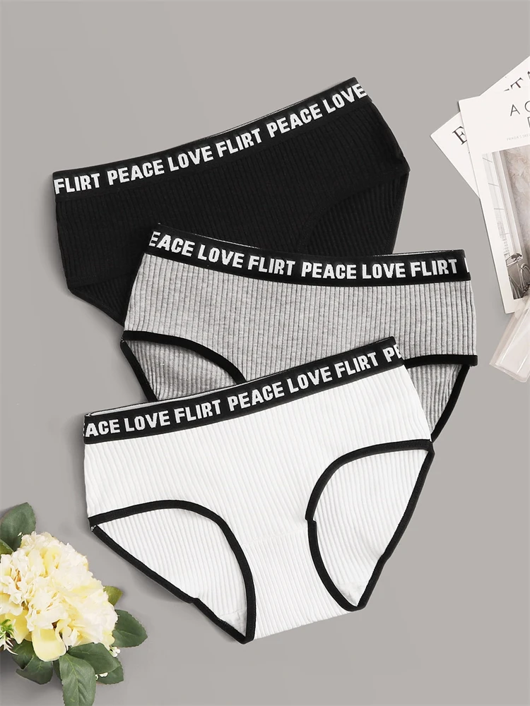 

3pcs Women Rib Letter Tape Panties Set Low-rise Briefs Underpants Ladies Comfortable Underwear Fashion Jacquard Panty Lingerie