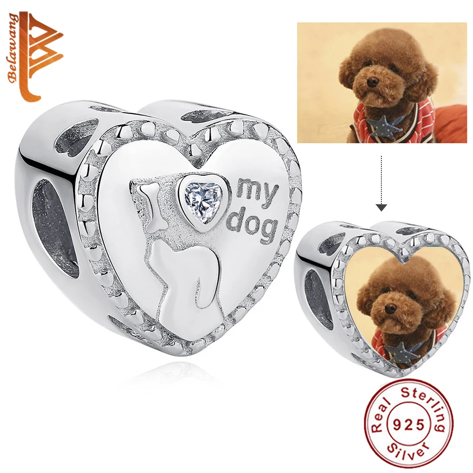 

Personalized Custom Photo 925 Sterling Silver Love My Dog Pet Heart Charm Bead Fit Original Bracelet For Woman DIY Jewelry
