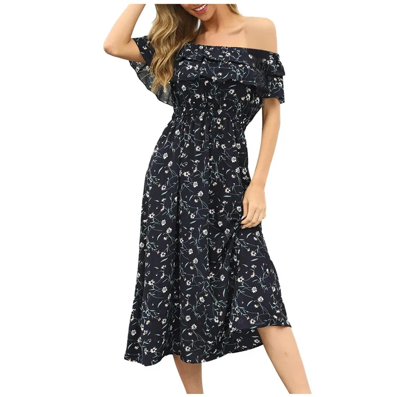 

Women Off Shoulder Floral Print maxi Dress boho dressCasual Strapless Dresses woman dress summer long Polyester dresses