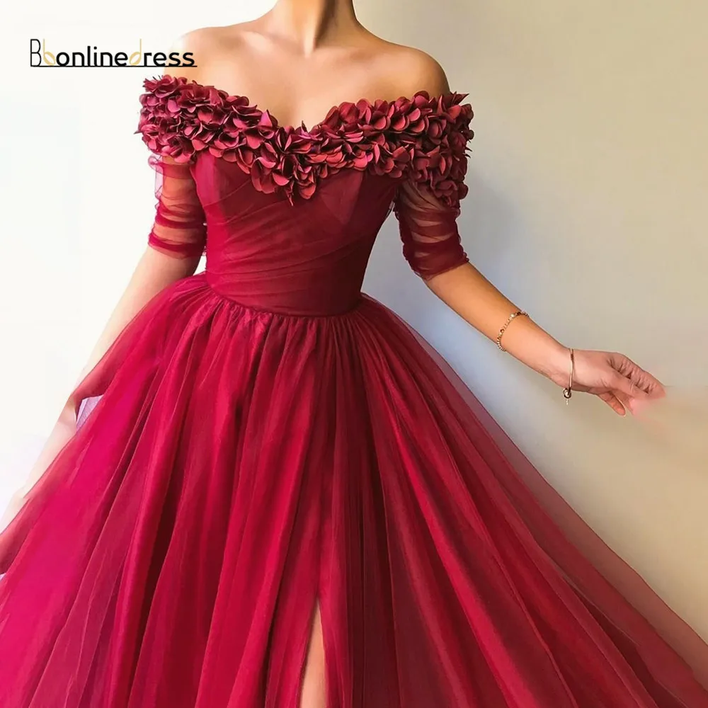 Bbonlinedress бордовое вечернее платье 2020 с открытыми плечами и рукавами 3D цветочным