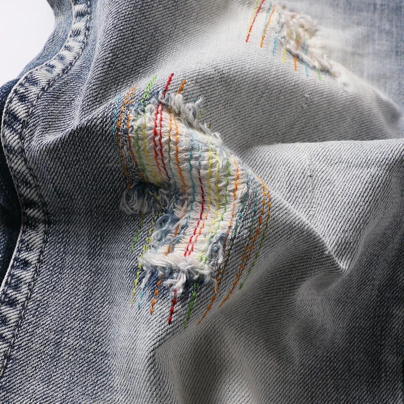 European Street Fashion Men Jeans Retro Light Blue Elastic Slim Ripped Jeans Men Embroidery Designer Hip Hop Denim Pencil Pants