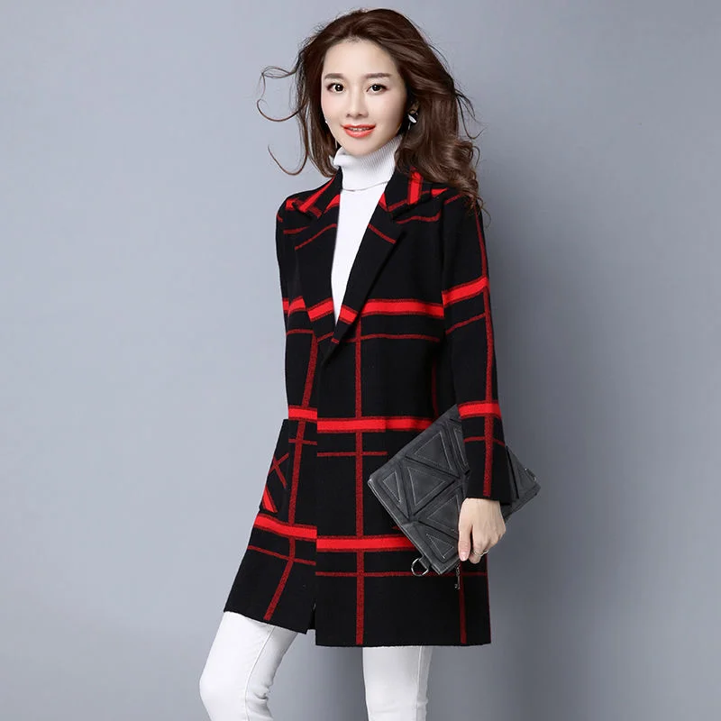 

2021 Spring Autumn Fashion Loose Women Plaid Sweater Cardigan Jacket Plus Size Pocket Sweater Coat Casual All-match Ladies Tops