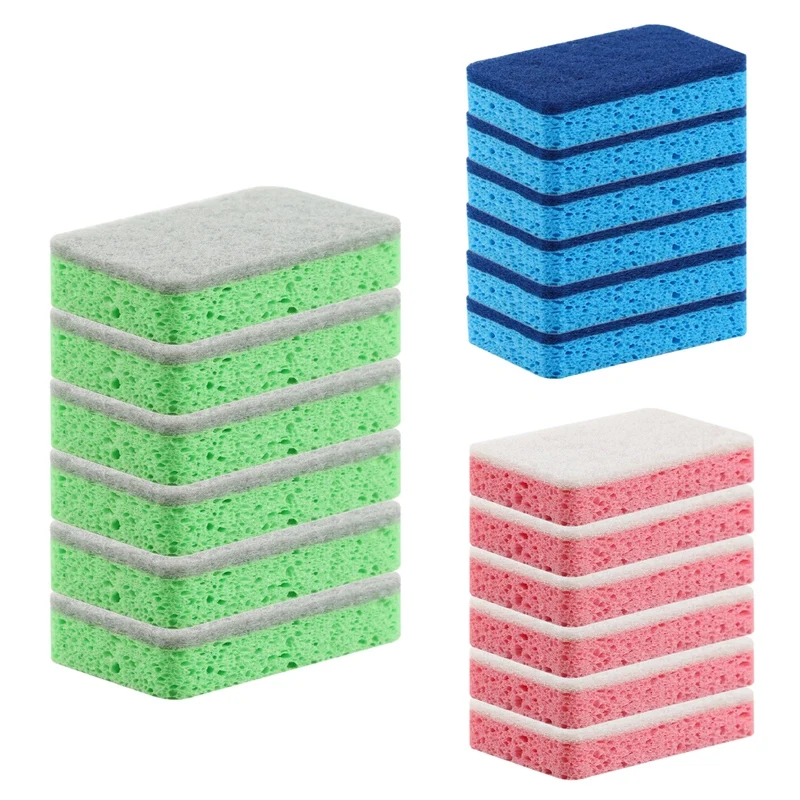 

6Pack Dual-Sided Kitchen Sponges Caddy Dishwashing Sponges Wood Pulp Cotton Magic Cleaning Sponges Scrub Sponges