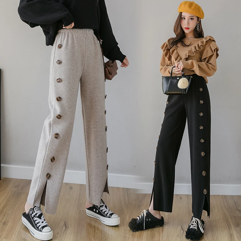 Женские вязаные широкие брюки REALEFT повседневные свободные с пуговицами в стиле