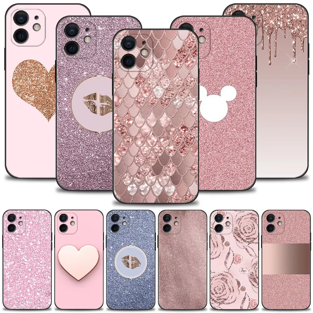 

Rose Pink Pattern Bling Phone Case For iPhone 13 12 11 Pro Max XS Max XR X 7 8 Plus 12 Mini 6S 5S SE 2020 Silicone Black Shell