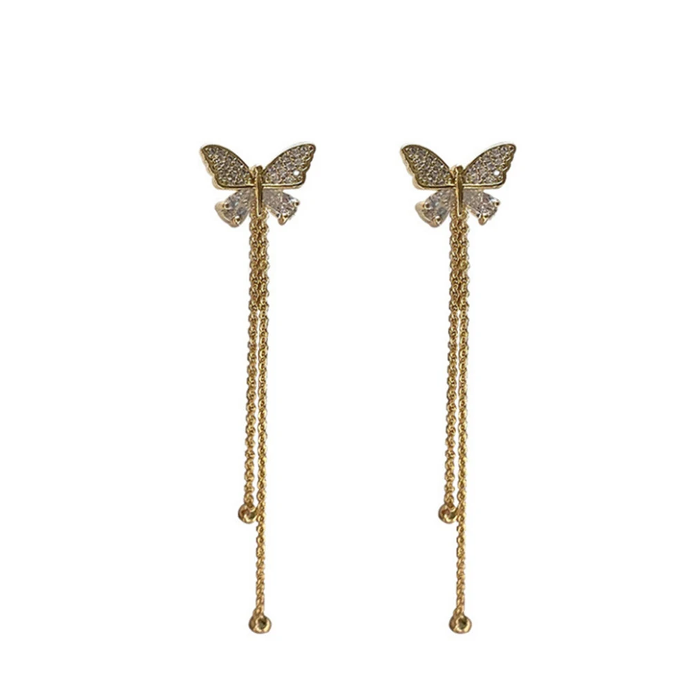 

1 Pair Women Bow Tassel Earings Front And Back Crystal Bow Tassel Earrings Female Long Temperament Butterfly Earrings